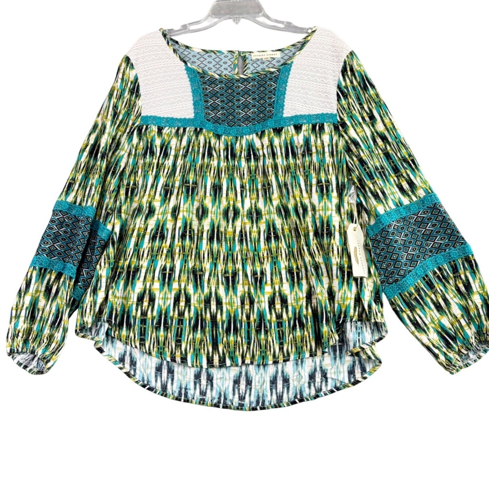 Farmers Market Women 2X Teal Green Ikat Blouse Lace Crochet Boho Peasant Top NWT